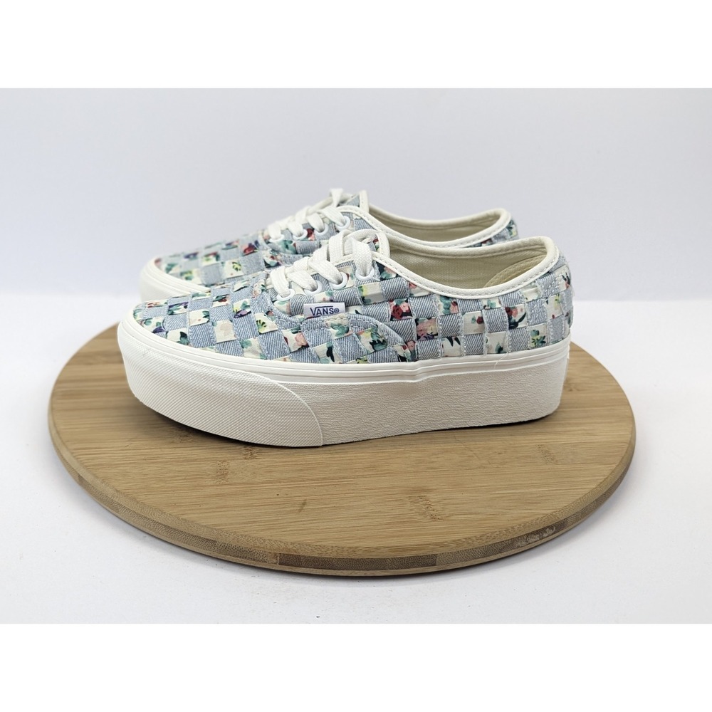 Vans Stacked Era Platform Shoes Womans 6.5 Woven Checkered Floral Blue White - Picture 7 of 11